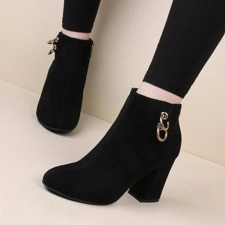 Retro Plush Warm Autumn Winter Women's Boot Vintage Block Heel Ankle Boots Zipper High Heels Women Shoes Big Sizes 43