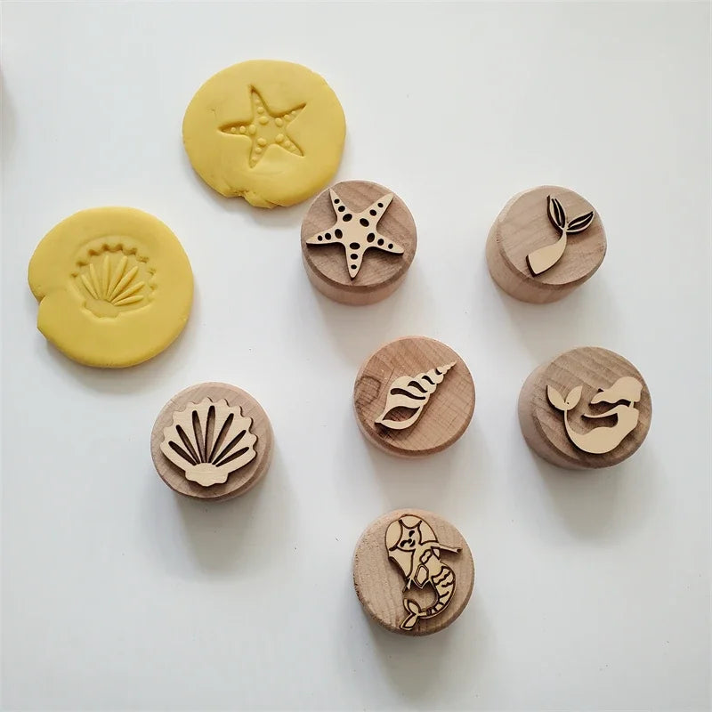 Kids Montessori Wooden Play Dough Stampers Tools Weather Insect Nature Stamps Playdough Fun Activity for Children Sensory Toys