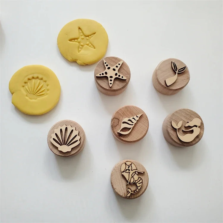 Kids Montessori Wooden Play Dough Stampers Tools Weather Insect Nature Stamps Playdough Fun Activity for Children Sensory Toys