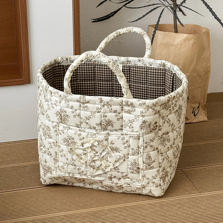 Airfriend Vintage Floral Organizers Basket With Handle Portable Home Room Quilted Foldable Storage Basket For Snack Clothes Toys