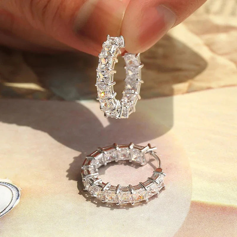 CAOSHI Versatile Luxury Hoop Earrings for Women Charming Princess Square Cubic Zirconia Daily Wear Graceful Jewelry Accessories