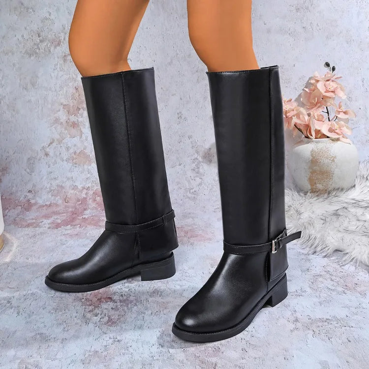 Design Women Knee High Boots Metal Buckle Comfortable Work Heels Shoes Autumn Winter Female Knight Long Booties