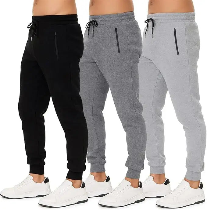 HUGE HILL 3 Pack Men's Fleece Lined Joggers Loose Fit Wide Leg Sweatpants with Zip Pockets S-3XL