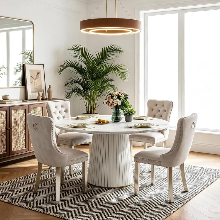 5 Piece Round Dining Table Set for 4, 47“ White Kitchen Table with 4 Velvet Tufted Chairs, Modern Circle Farmhouse, Customized