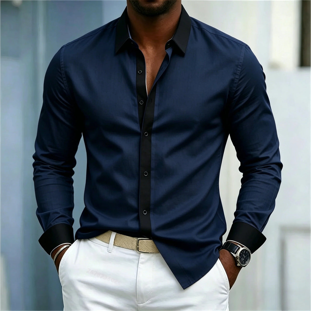 Men's Shirt Black And White Contrasting Splicing Men's Lapel Long Sleeved Shirt Slim Fit Business Casual Men's Top Size
