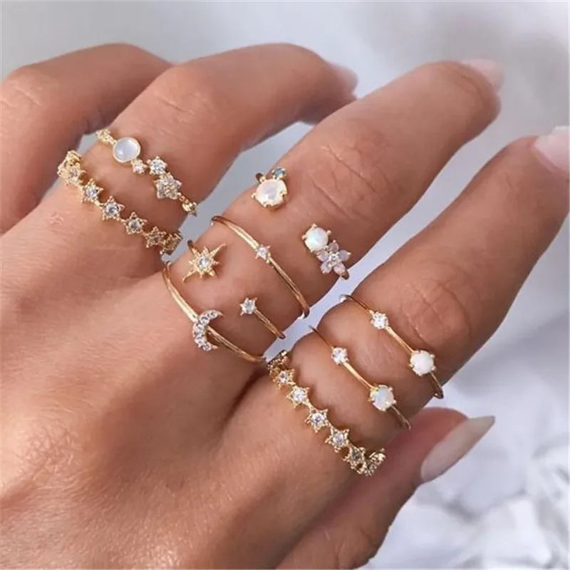 Silver Color Crystal Rings Set for Women, Cubic Zirconia Moon Arrow Flower Heart Finger Wedding Rings, Female Fashion Jewelry