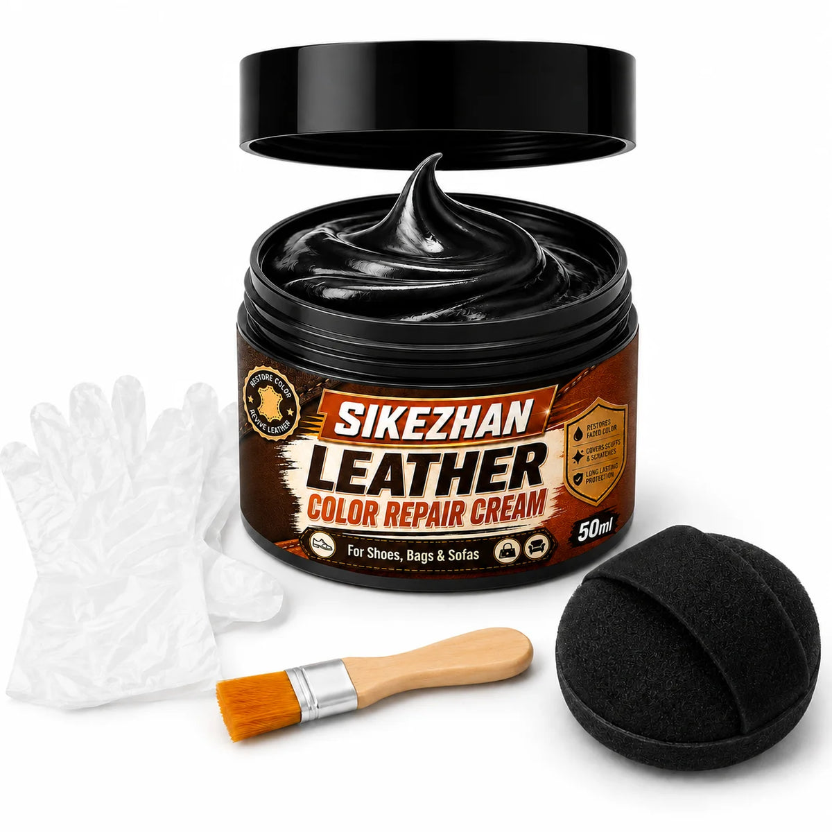 Leather Repair Cream 50ml for Shoes Handbags Sofas Car Seats, Color Restoring Balm with Applicator Brush Sponge Gloves, 4 Shades