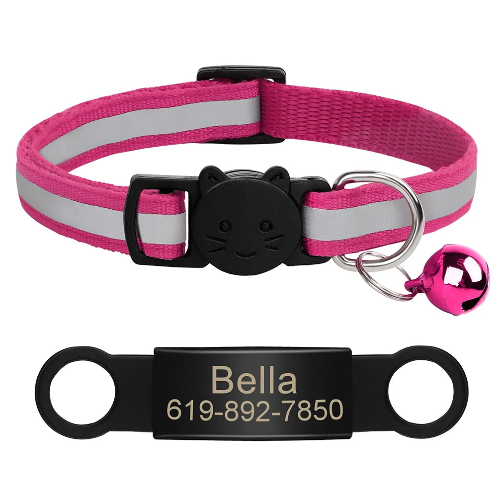 Customized Cat Collar Reflective Cat Collar Free Engraved Puppy Kitten Pet ID Nameplate Necklace With Bell Anti-lost For Cats