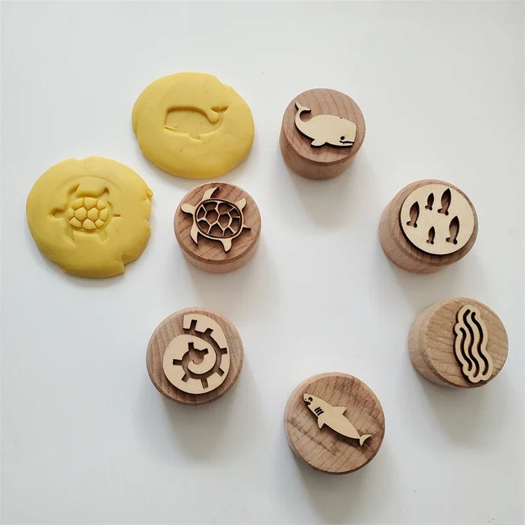 Kids Montessori Wooden Play Dough Stampers Tools Weather Insect Nature Stamps Playdough Fun Activity for Children Sensory Toys