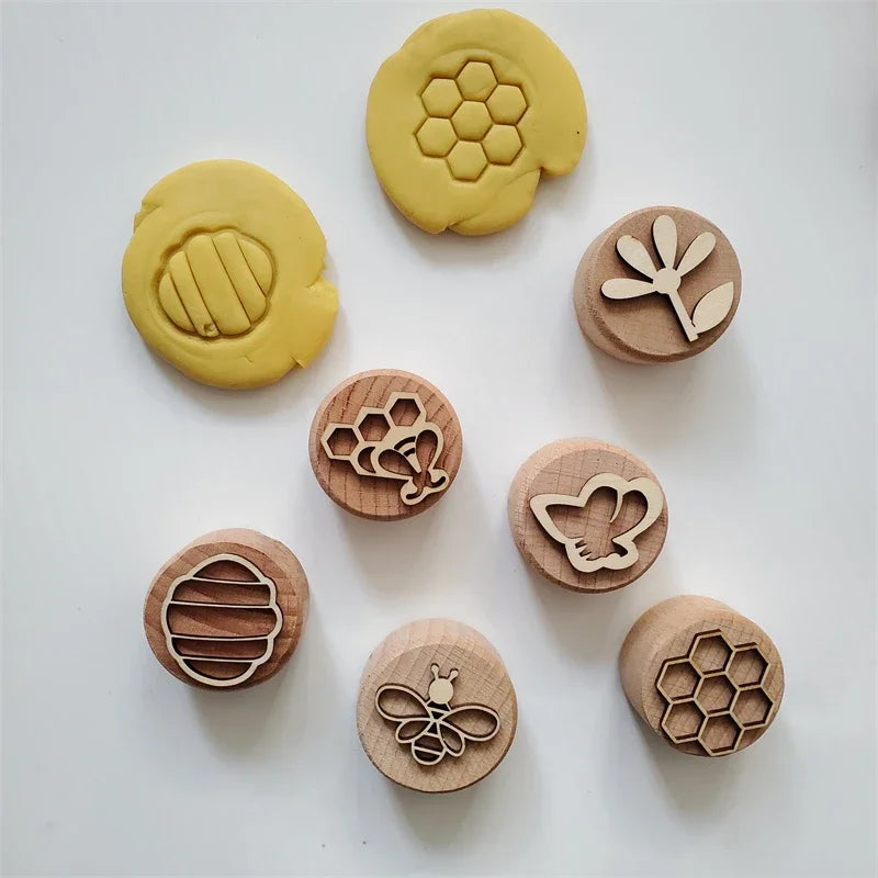 Kids Montessori Wooden Play Dough Stampers Tools Weather Insect Nature Stamps Playdough Fun Activity for Children Sensory Toys