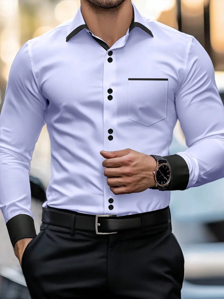 Men's Casual Business Long-sleeved Shirt, British Style Double Button Shirt, Slim Long-sleeved Lapel Shirt