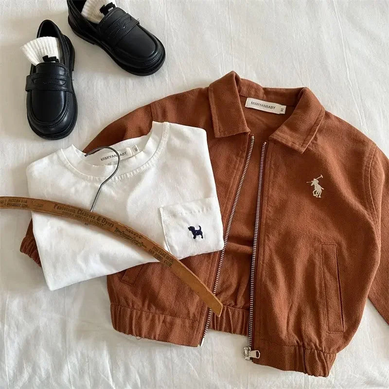 2-7Y Children's Cotton Coat 2025 Spring Boys Girls Japanese Embroidered Flip Collar Jacket Baby Short Zipper Autumn Shirt
