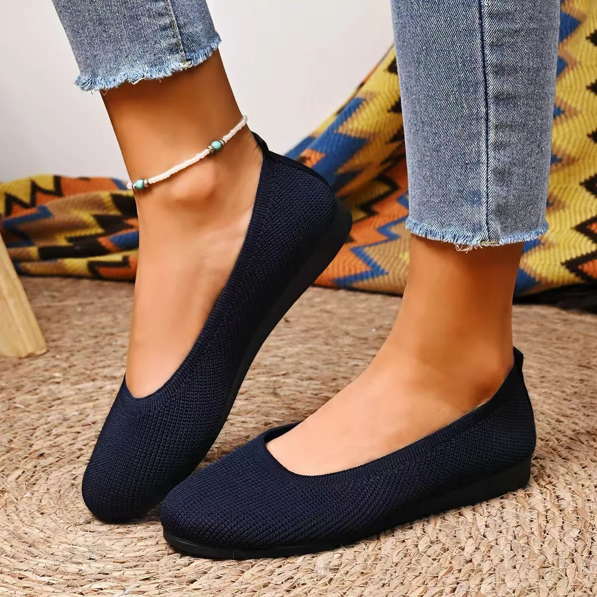 Women Round Toe Knitted Ballet Flats Breathable Slip on Flat Soft Sole Lightweight Casual Daily Walking Loafers Zapatos Mujer