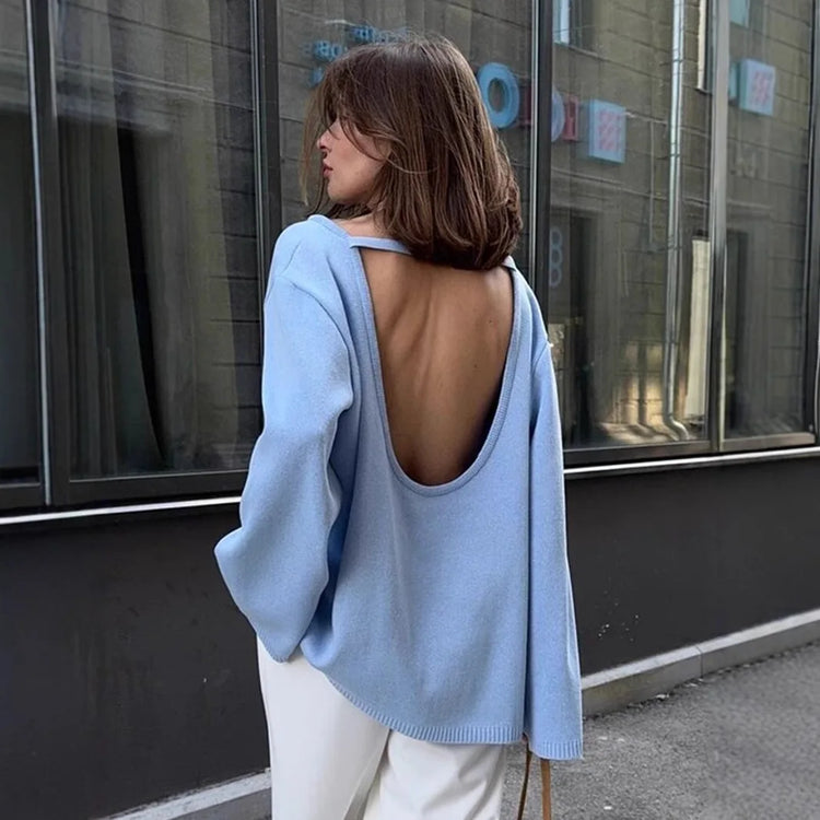 Original Backless O-neck Cotton Knit Sweater Autumn and Winter Women Simple Loose Soft Warm Elastic Daily Office Casual Sweater