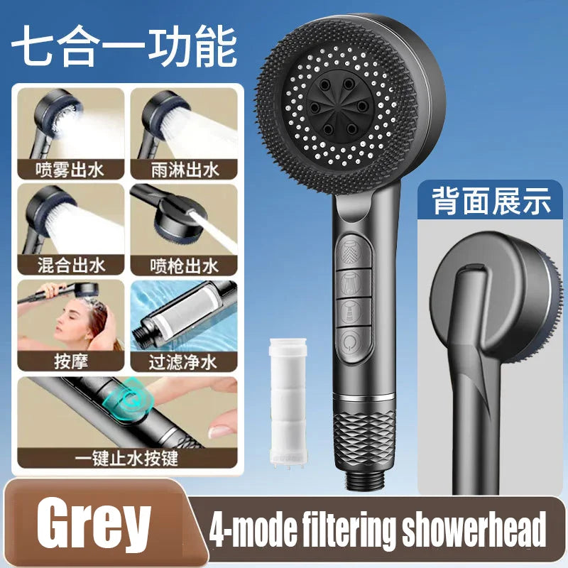 New 7 IN 1 Large Flow Shower Head With Filter 4 Modes High Pressure Water Saving One-Key Stop Water Massage Portable Showerhead
