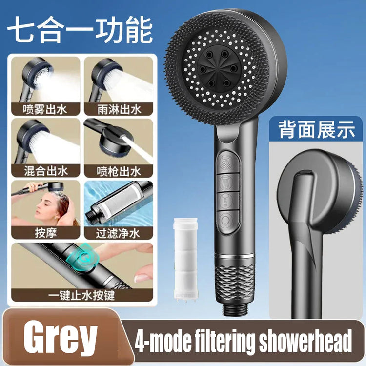 New 7 IN 1 Large Flow Shower Head With Filter 4 Modes High Pressure Water Saving One-Key Stop Water Massage Portable Showerhead
