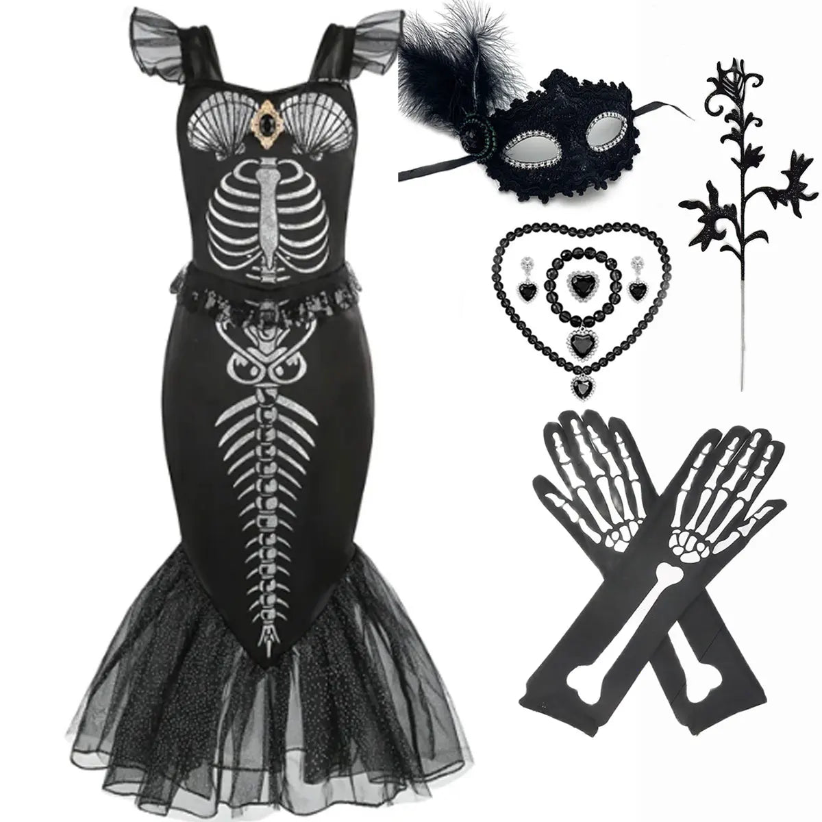 New Skeleton Little Mermaid Halloween Horror Costume Ariel Princess Costume Kids Birthday Party Prom Dress For Girls