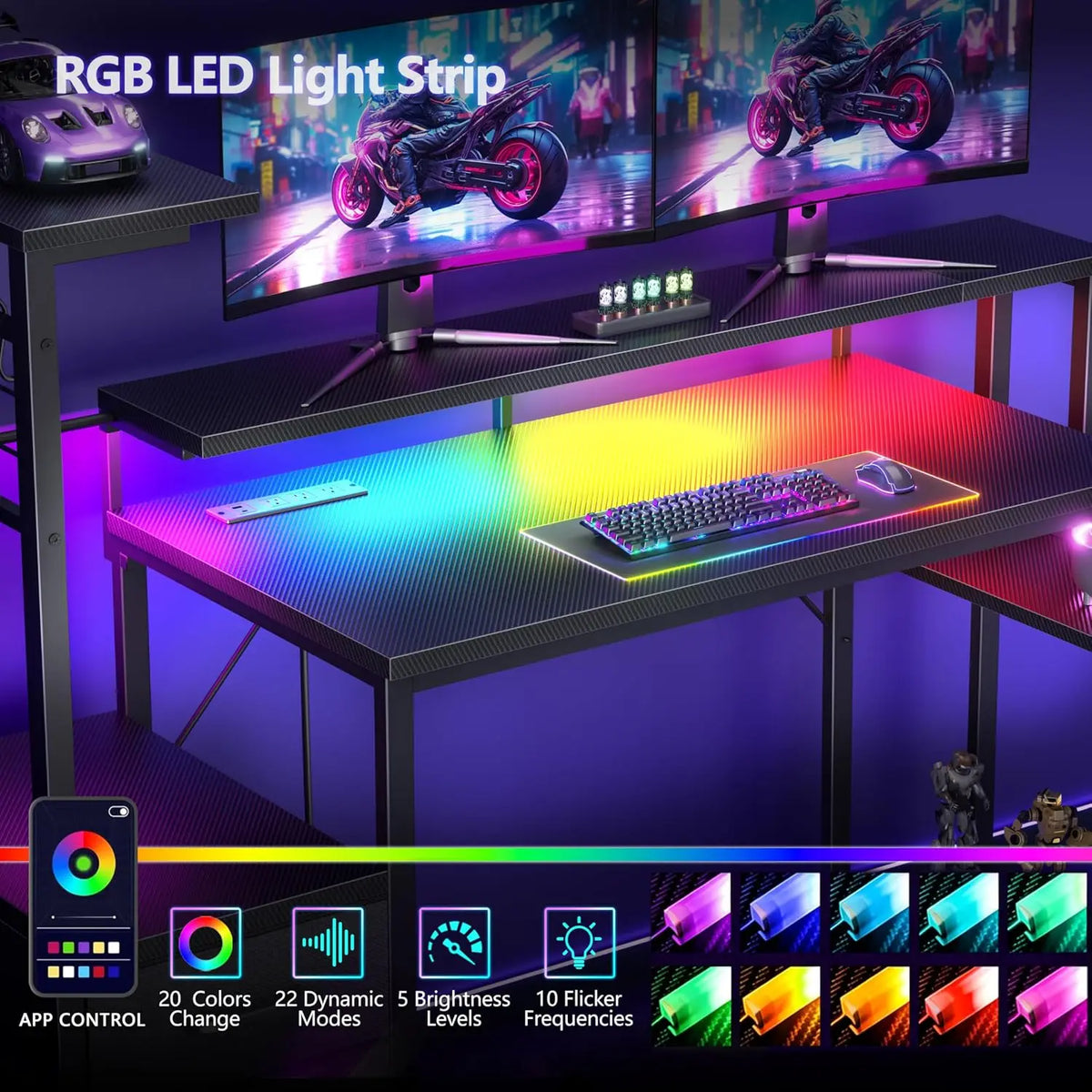 Gaming Desk 48" with Power Outlet & LED, Carbon Fiber Black Finish, Customized