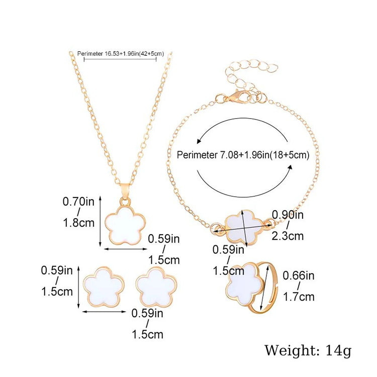 Lucky Five-petal Flower Clover Earrings Necklace Ring Bracelet Four-piece Set for Woman Fashionable Accessories Party Jewelry