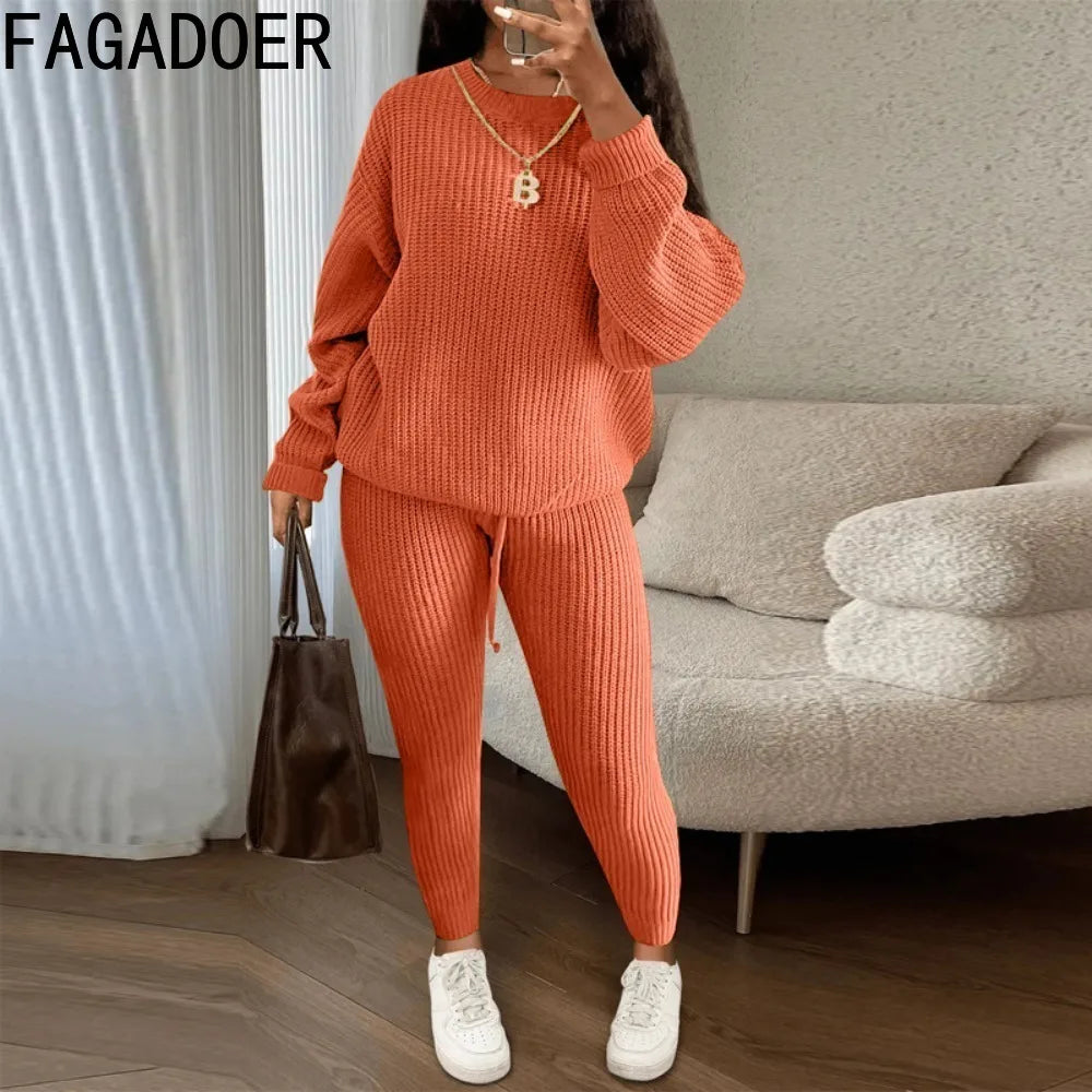 FAGADOER Knitt Sweater 2 Piece Set for Women Autumn Winter Long Sleeve O Neck Sweater + Skinny Pants Sets Casual Outfit Homewear
