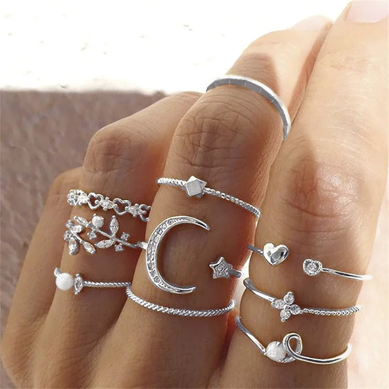 10Pcs Stackable Ring Set for Women Moon Star Heart Leaf Rhinestone Ring Y2K Finger Rings Trendy Jewelry Accessories Party Gifts