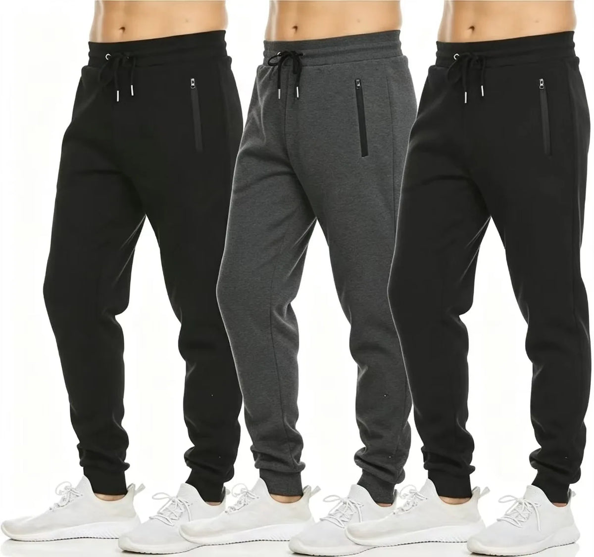 HUGE HILL 3 Pack Men's Fleece Lined Joggers Loose Fit Wide Leg Sweatpants with Zip Pockets S-3XL
