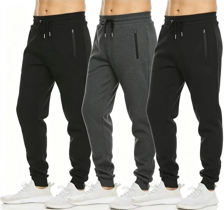 HUGE HILL 3 Pack Men's Fleece Lined Joggers Loose Fit Wide Leg Sweatpants with Zip Pockets S-3XL