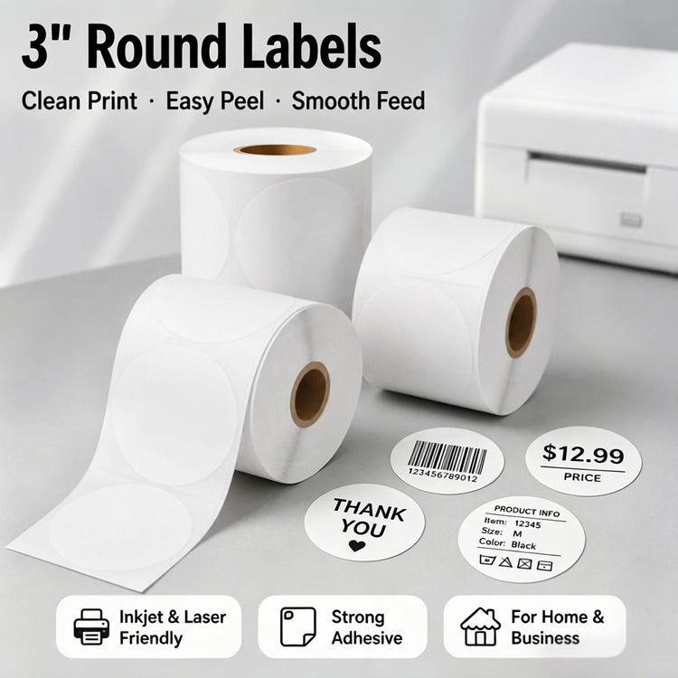 3 Rolls 7.6cm Round Thermal Labels Self-Adhesive Multi-Purpose Business DIY QR Code Price Tag Compatible 3*3 Inch Thermal Paper