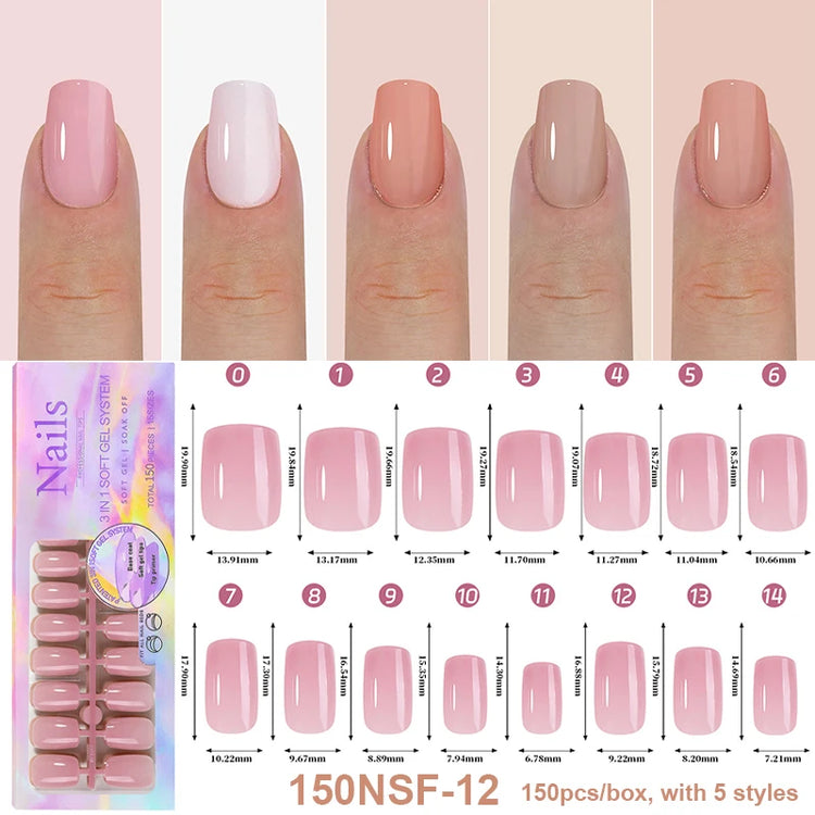 150Pcs/Box Acrylic Press on Nails Full Cover Fake False Tips Soft Gel Extension T-shaped Oval Capsule Almond Sculpted Salon DIY