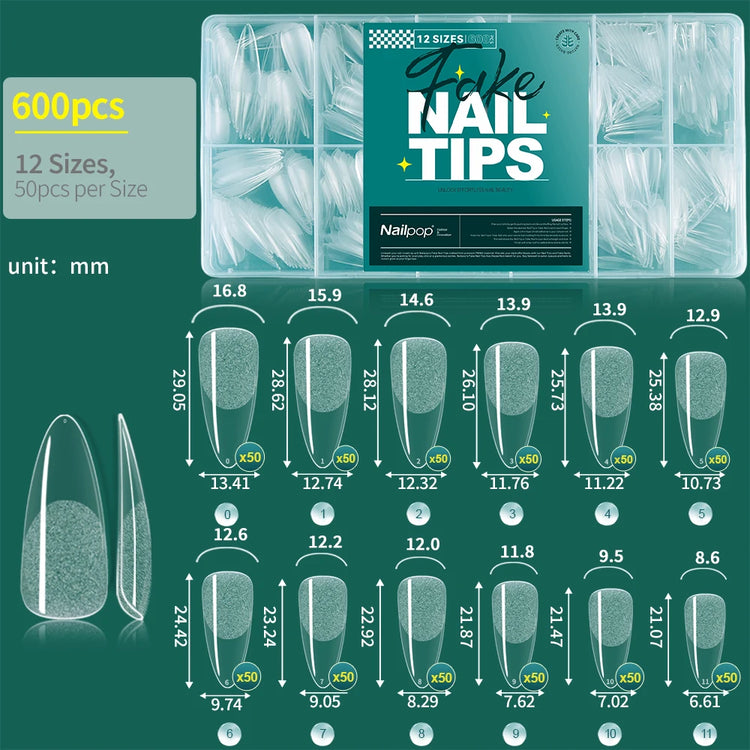 Nailpop 600PCS Soft Gel X Nail Tips Full Cover Coffin Stiletto Fake Nails Extra Short Almond Square Soak Off Gel False Nail Tips