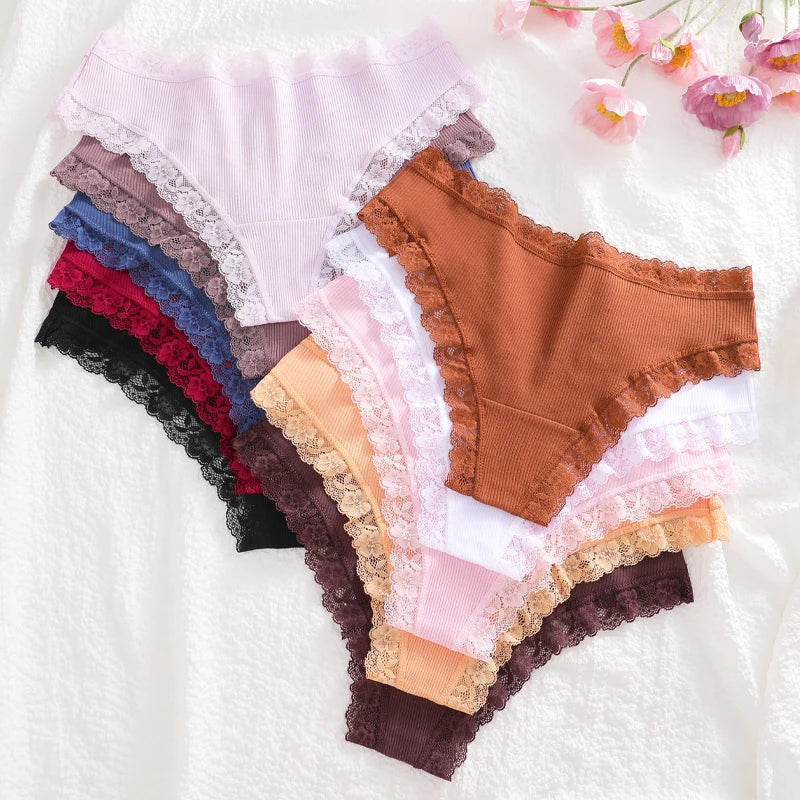 6Pcs/Set Cotton Patchwork Lace Panties Women Solid Color Breathable Low Waist G-strings Underwear Ladies Soft Comfortable Thongs