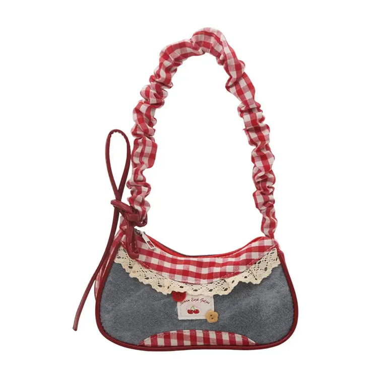 Fashion Grid Women Bag Lace Ribbon Stretchable Shoulder Strap Single Shoulder Underarm Bag Daily Commuting Student Handbag