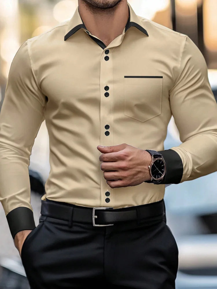 Men's Casual Business Long-sleeved Shirt, British Style Double Button Shirt, Slim Long-sleeved Lapel Shirt