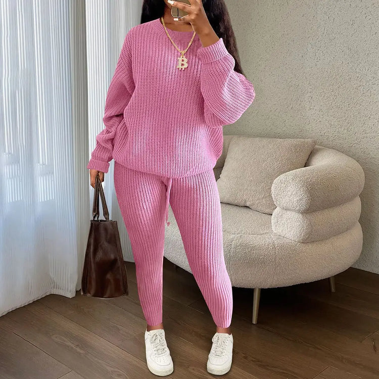FAGADOER Knitt Sweater 2 Piece Set for Women Autumn Winter Long Sleeve O Neck Sweater + Skinny Pants Sets Casual Outfit Homewear