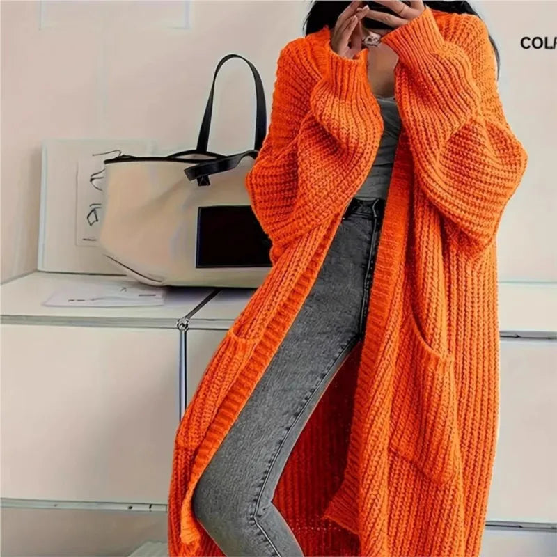 Women Oversized Maxi Cardigan Knitted Sweater Coat With Pockets Autumn Winter Casual Loose Long Sleeve Sweater Outwear Ladies