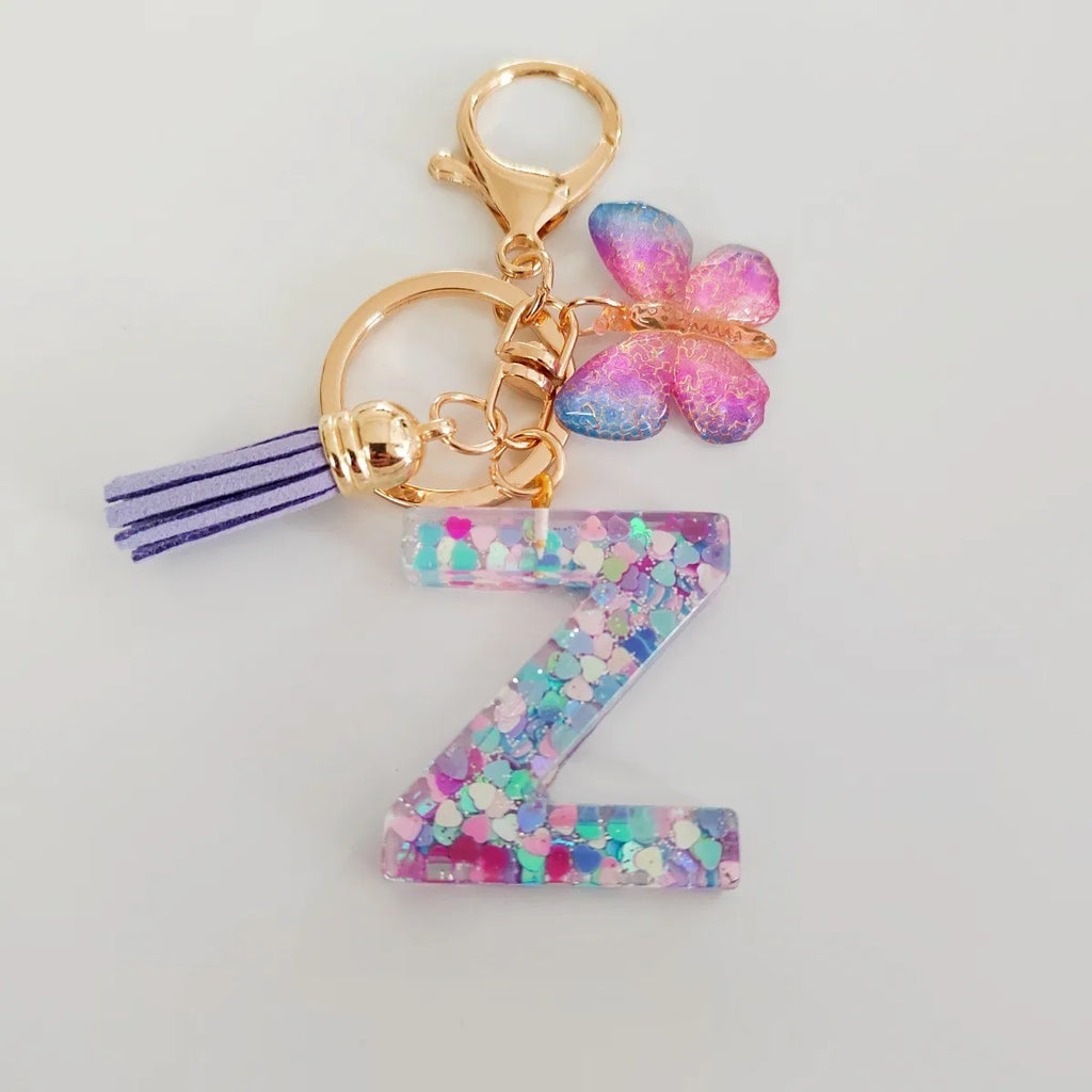 Fashion butterfly Fringe Initial Keychain Drop Glue Blend Sequin A-Z26 Letter Keychain Cute Ladies Student Bag Accessory Gift