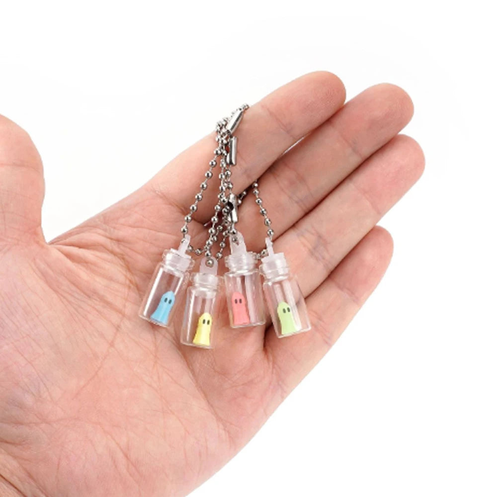 4pcs Exquisite Luminous Ghost Keychain Set Halloween Multicolor Tiny Glow Drifting Bottle Keyrings Adopt Ghost Spectre Jewelry