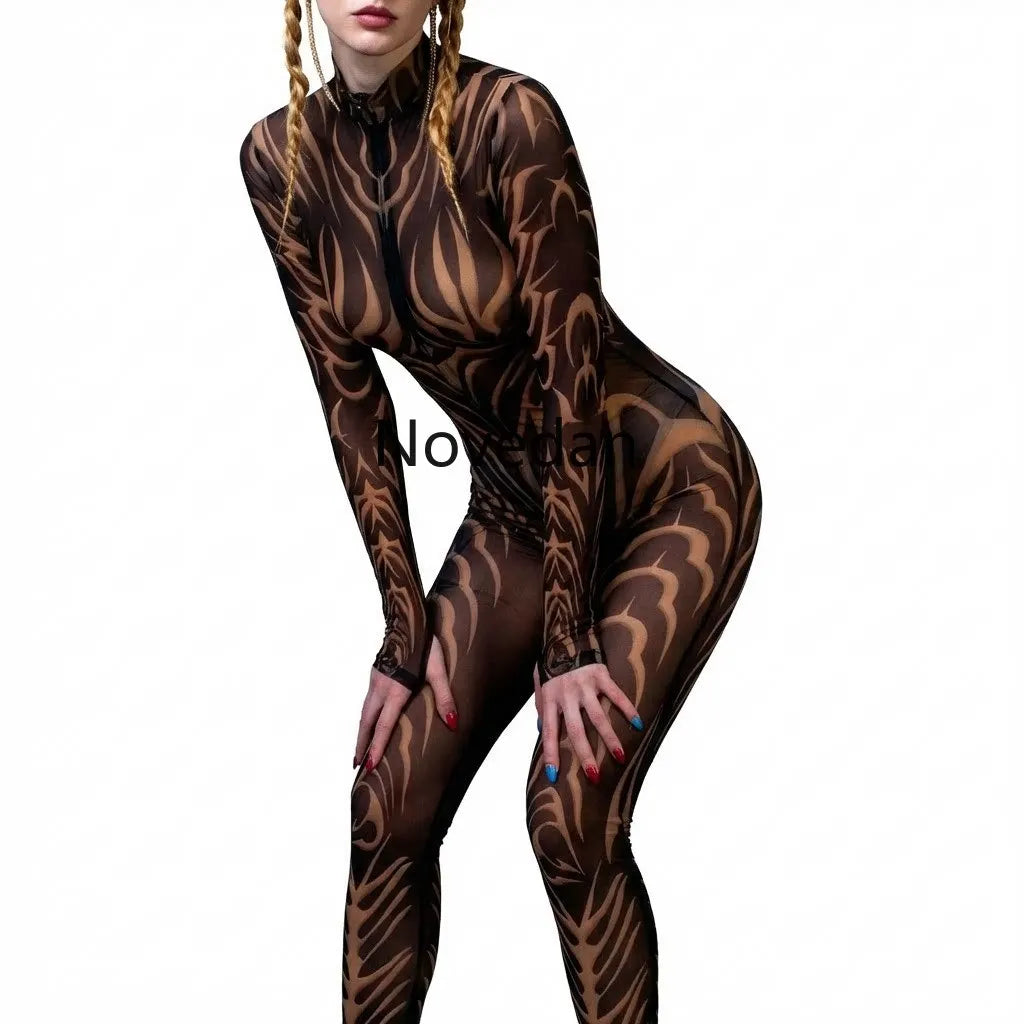Sexy Fashion Print Jumpsuit Woman Turtleneck Zentai Bodysuit Cyberpunk Steam Tight Suit Halloween Costume Burning Man Outfit