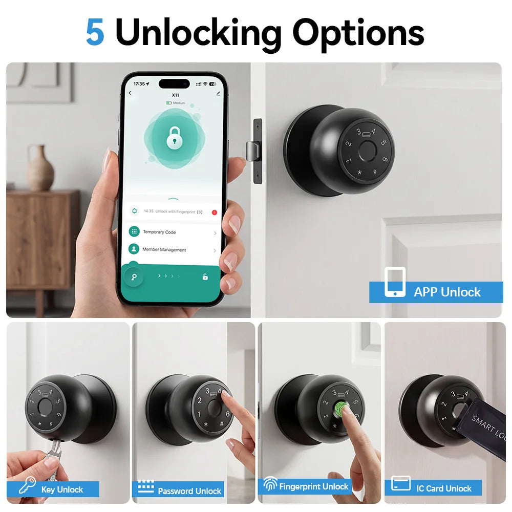 YFK 5-in-1 Smart Door Knob Lock Tuya Bluetooth Fingerprint Password Keypad IC Card Key APP HomeKey Black