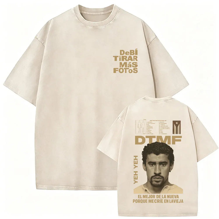 Rapper Bad Bunny Vintage Washed T Shirts Fans Gift Debi Tirar Mas Fotos DTMF Merch T-shirt Men's Women Hip Hop Fashion T-shirts