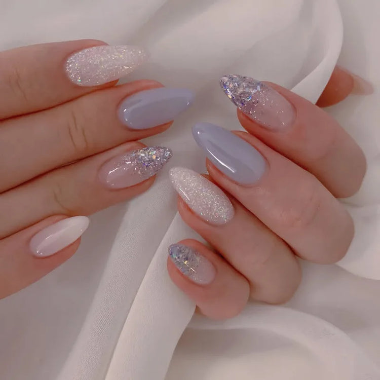 24Pcs French False Nails Almond Fake Nails with Glue Press on White Edge Design Wearable Simple Ins Pink Stiletto Nail Tips