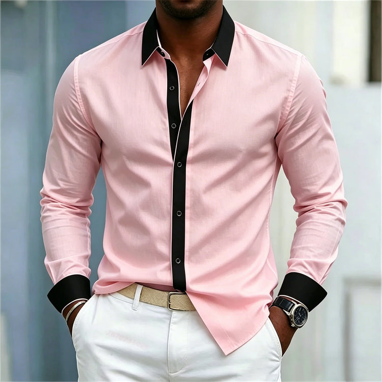 Men's Shirt Black And White Contrasting Splicing Men's Lapel Long Sleeved Shirt Slim Fit Business Casual Men's Top Size