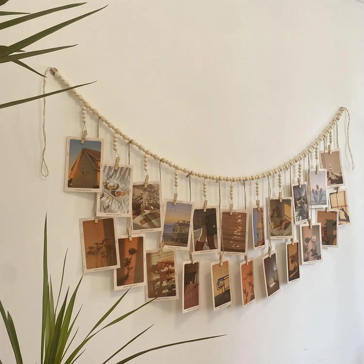 Hanging Photo Display Wooden Bead Garland Boho Wall Hanging for Bedroom Living Room Dorm Party Decor Teen Girl Gifts