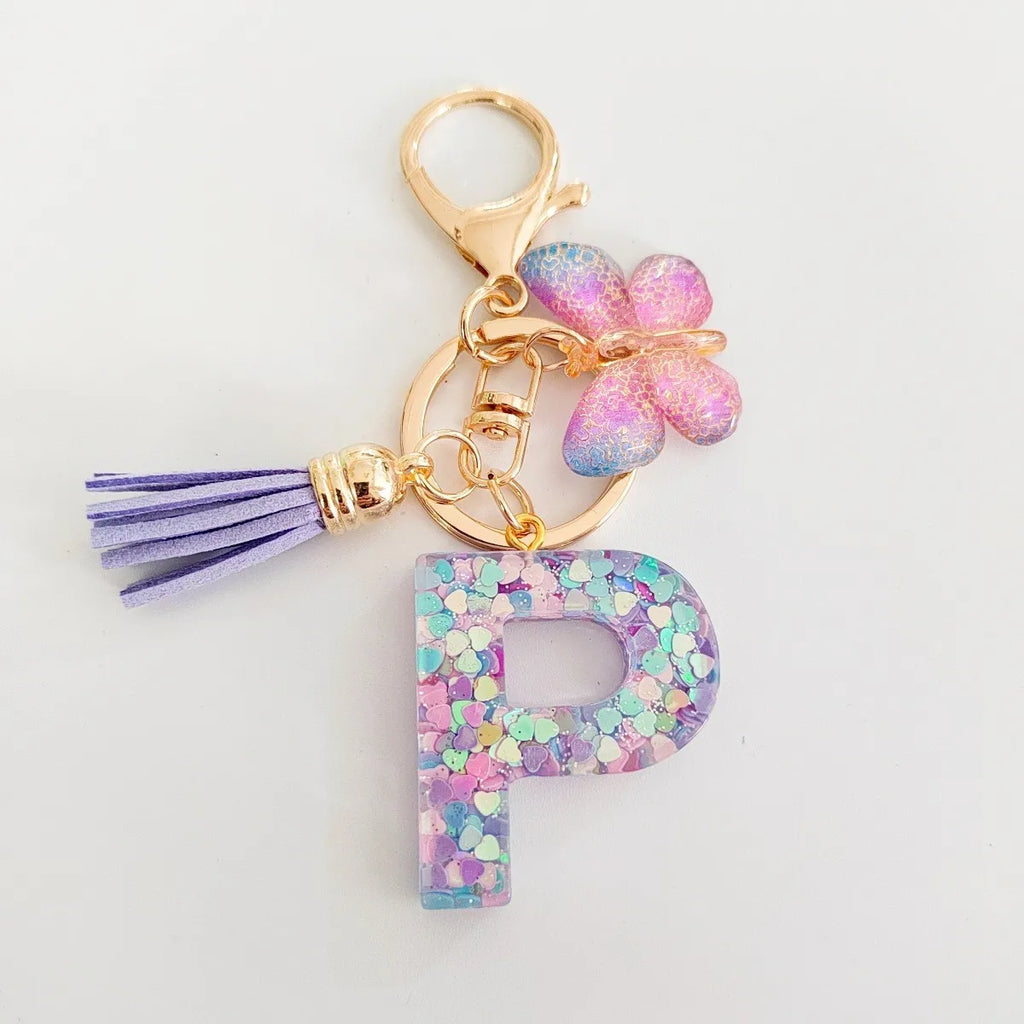 Fashion butterfly Fringe Initial Keychain Drop Glue Blend Sequin A-Z26 Letter Keychain Cute Ladies Student Bag Accessory Gift