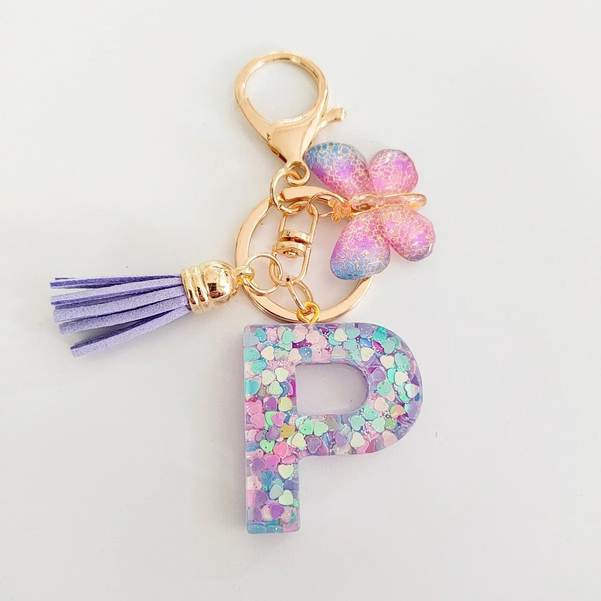 Fashion butterfly Fringe Initial Keychain Drop Glue Blend Sequin A-Z26 Letter Keychain Cute Ladies Student Bag Accessory Gift