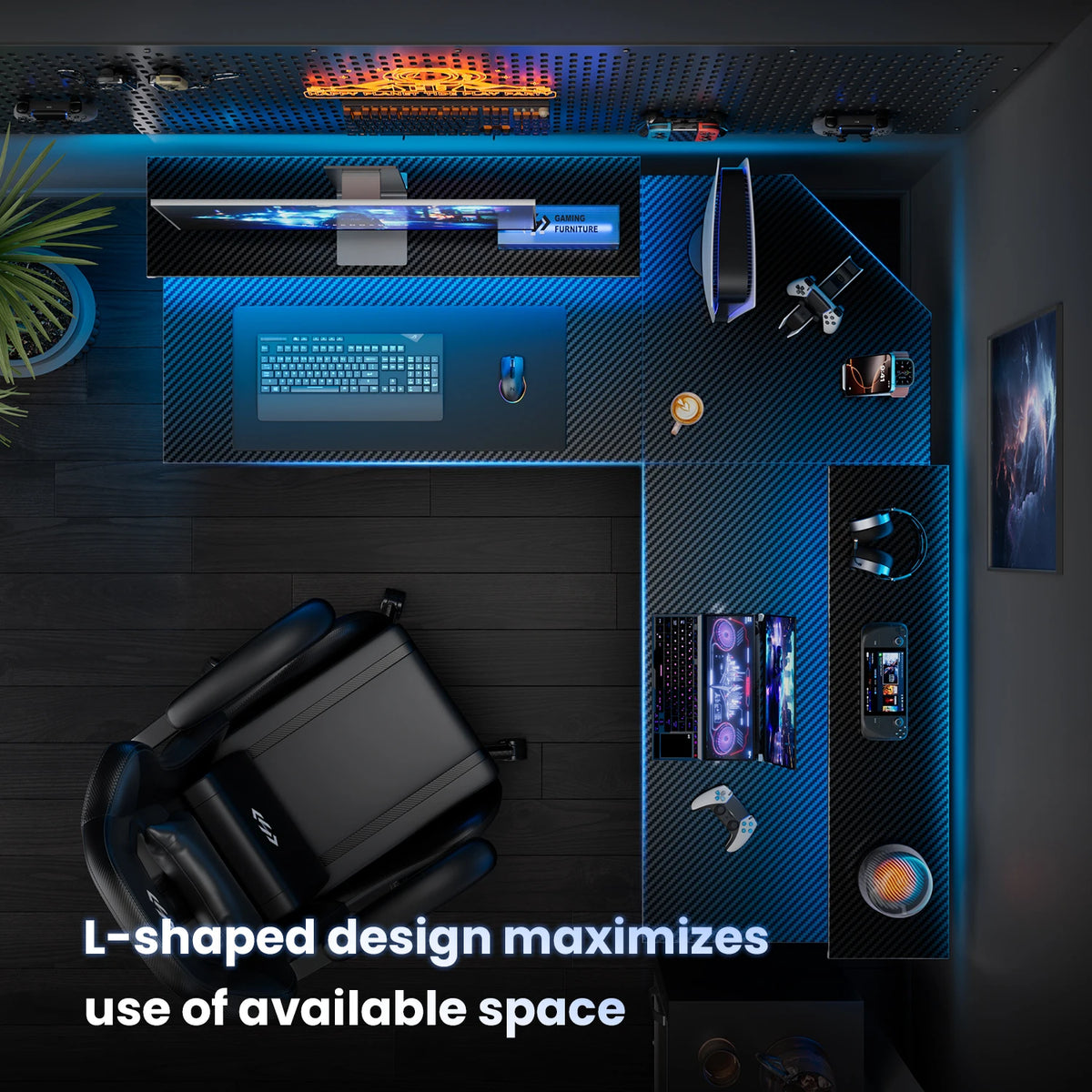 L-Shaped Gaming Desk with LED Lights and Monitor Stand, Corner Computer Desk with Carbon Fiber Surface, PC Table Easy Assembly for Home Office, Gaming & Streaming