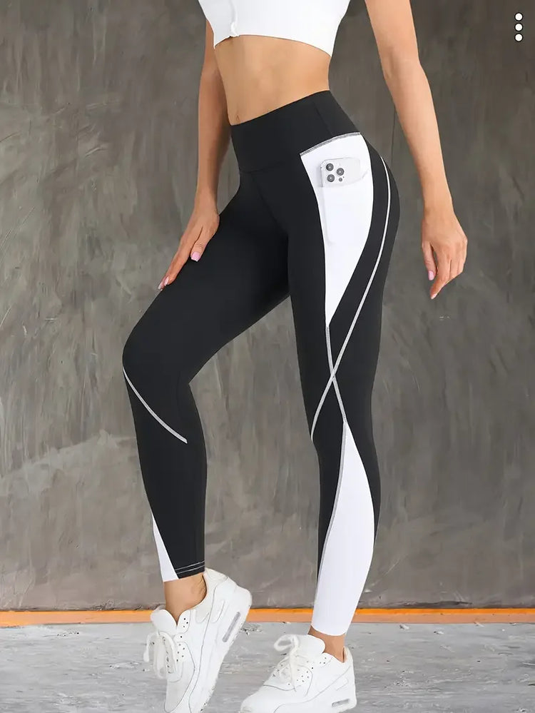 Contrast Color Patchwork Side Pocket Yoga Pants High Waist Tummy Control Hip Lifting Yoga Leggings Sportawear For Women