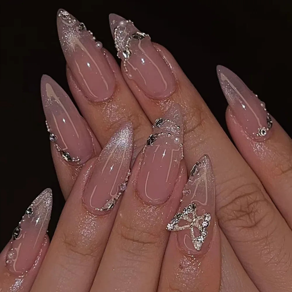 24Pcs Pink Almond False Nails Butterfly Ballet with French Design Wearable Fake Nails Simple Artificial Press on Nails Tips Art