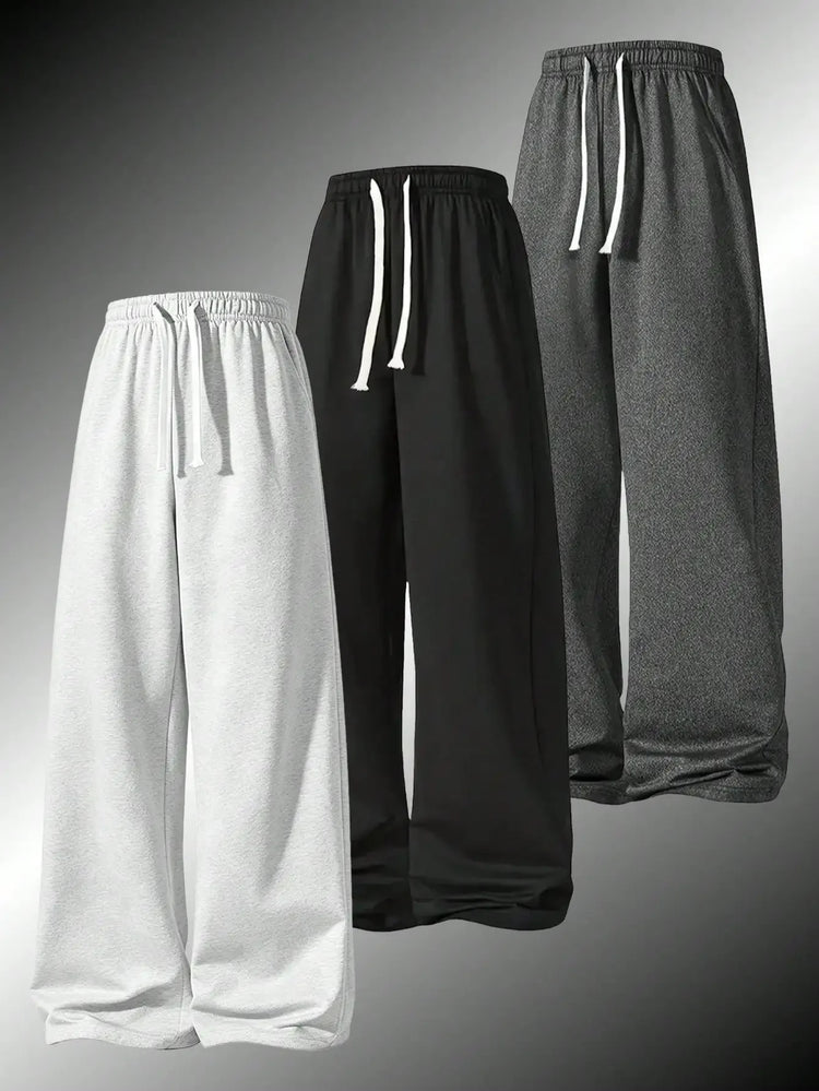 Men's Solid Color Wide-Leg Sweatpants, Loose Straight-Leg Pants with Elastic Waist and White Drawstring