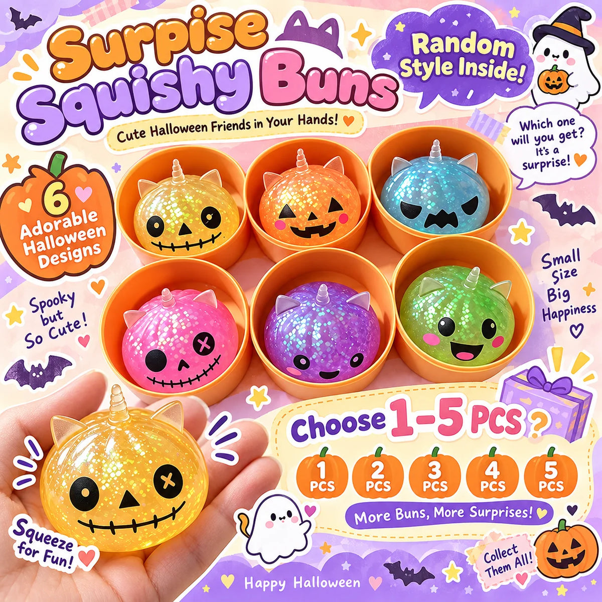 1-5PCS Halloween Unicorn Dumpling Squishy Blind Box Animal Ears Slow Rebound Squeeze Fidget Sensory Stress Relief Gift Pack